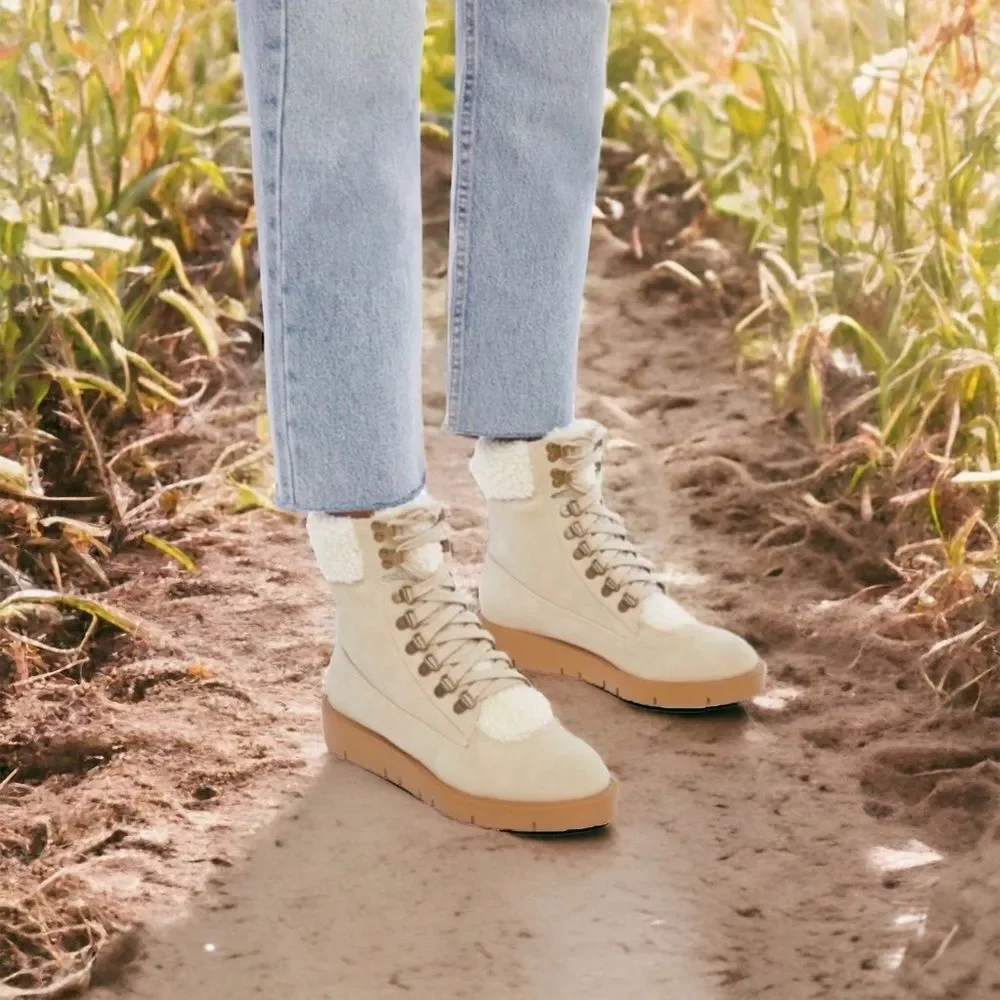 🔴 Just Fab Cerelia Shearling Cuff Lace Up Boot - Eggshell - Size 11